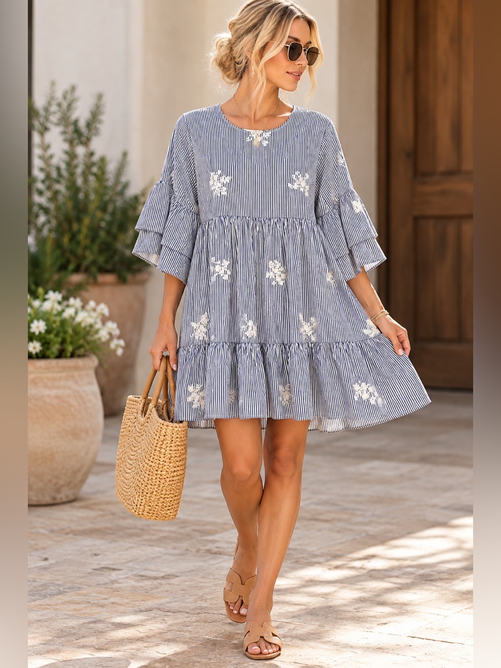 Lumière Blue & White Striped Embroidered Tiered Babydoll Dress NWT Medium